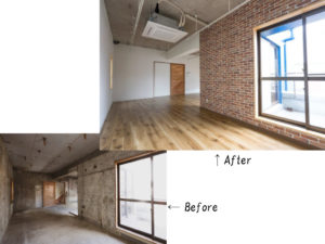 リビング。コンクリート剥き出しの天井を生かし、広々とした空間に仕上げました。